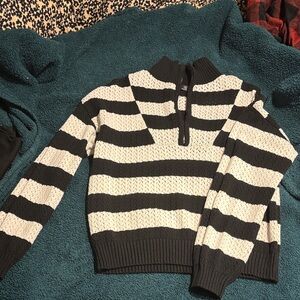 Chic Black and Cream Striped Women's Turtleneck Sweater